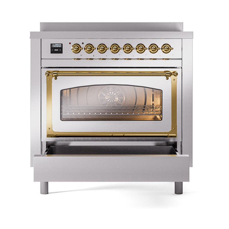 ILVE Nostalgie II Noblesse 36-Inch Induction Range with Triple Glass Door in Stainless Steel with Brass Trim (UNI366NMPSSG)