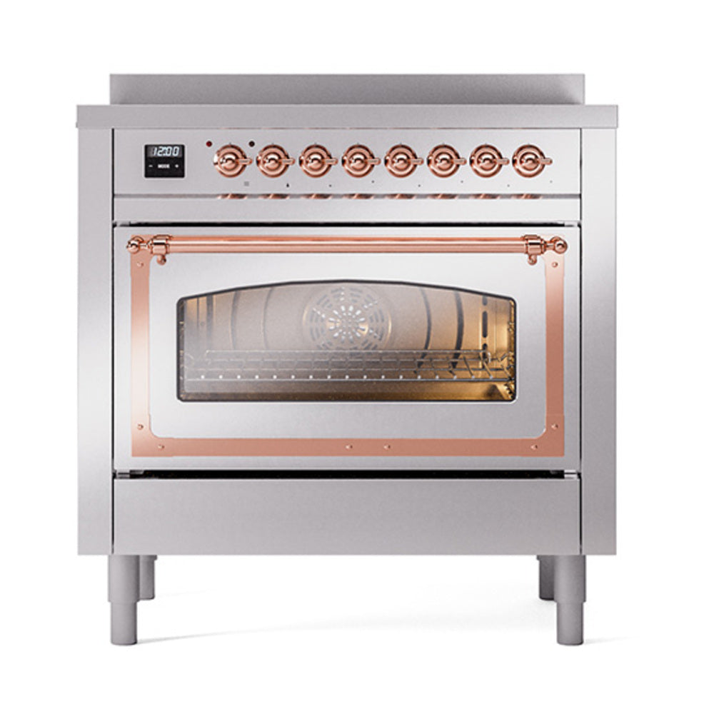 Stainless steel induction range with triple glass oven door window and copper trim