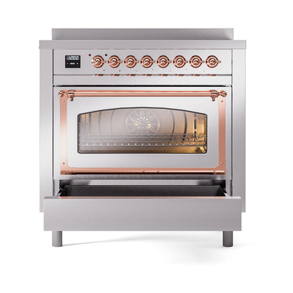 Stainless steel induction range with triple glass oven door and copper trim, front view