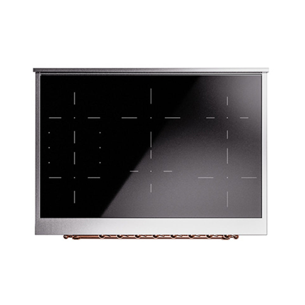 Induction cooktop glass panel in dark finish with control markings; copper trim on edge