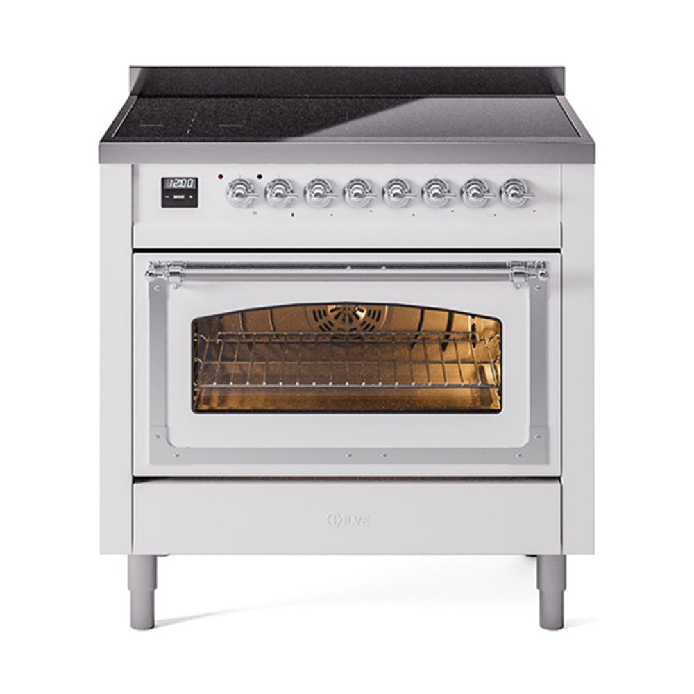 White induction range with lit oven window, chrome knobs, and closed triple-glass door