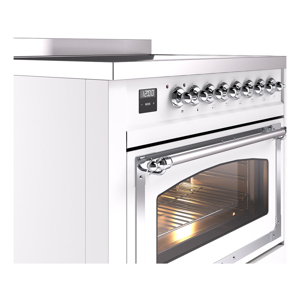 White induction range side view with open oven door and chrome control knobs