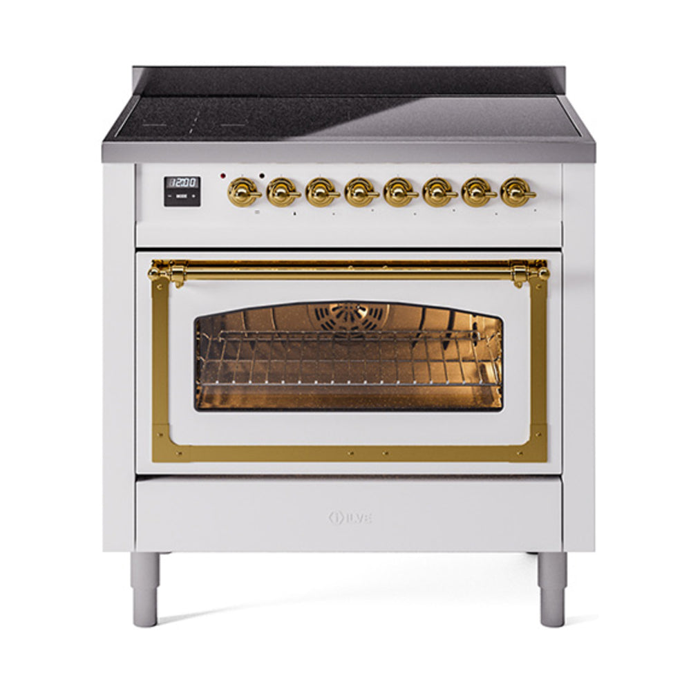 ILVE white induction range with closed oven door window and brass trim
