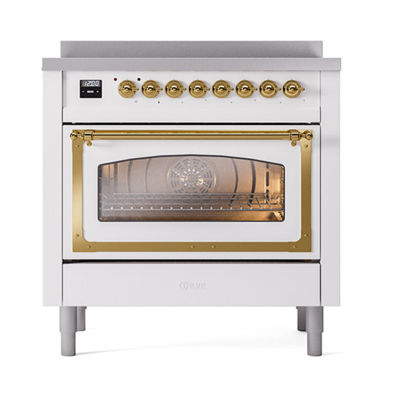 ILVE Nostalgie II Noblesse 36-Inch Induction Range with Triple Glass Door in White with Brass Trim (UNI366NMPWHG)