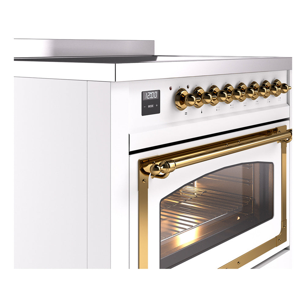 ILVE white induction range control panel with gold knobs and oven door window