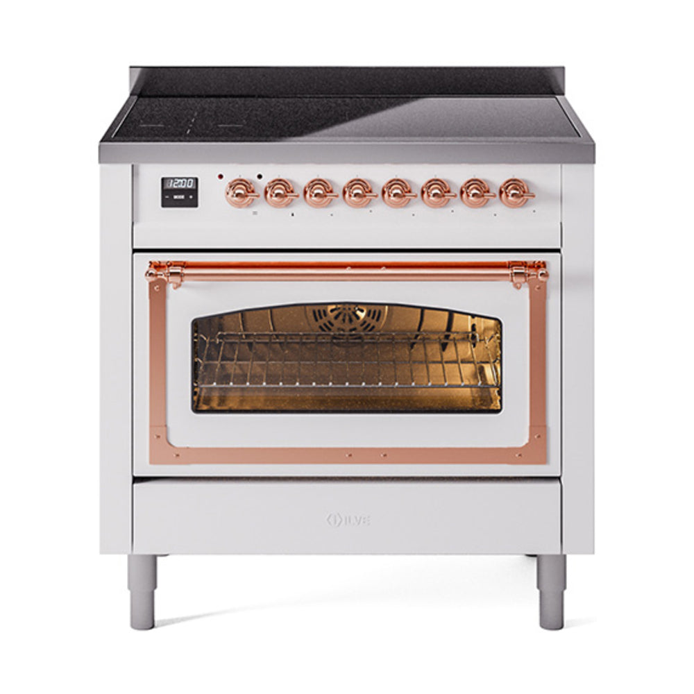 White induction range with open oven door and visible burner control knobs