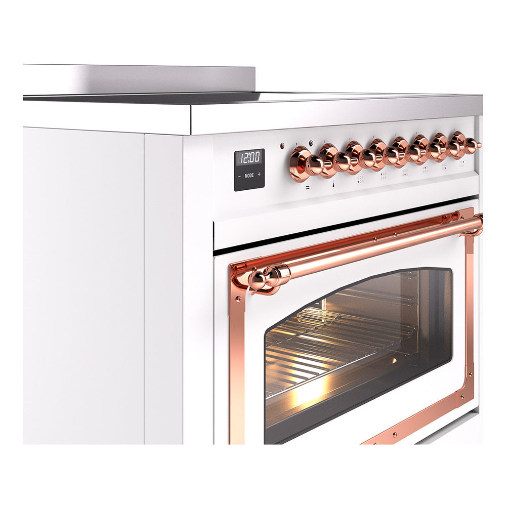 White induction range showing control panel and open glass oven door