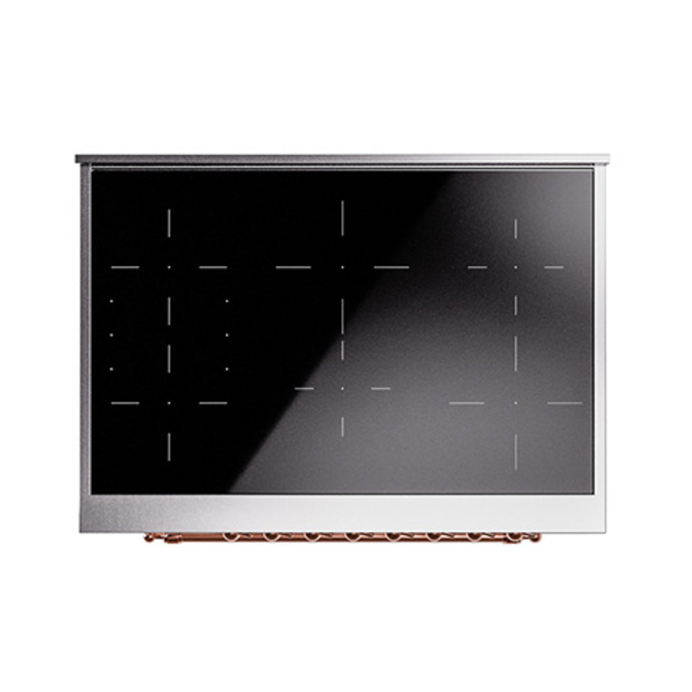 Induction range drawer with black glass control panel and copper trim