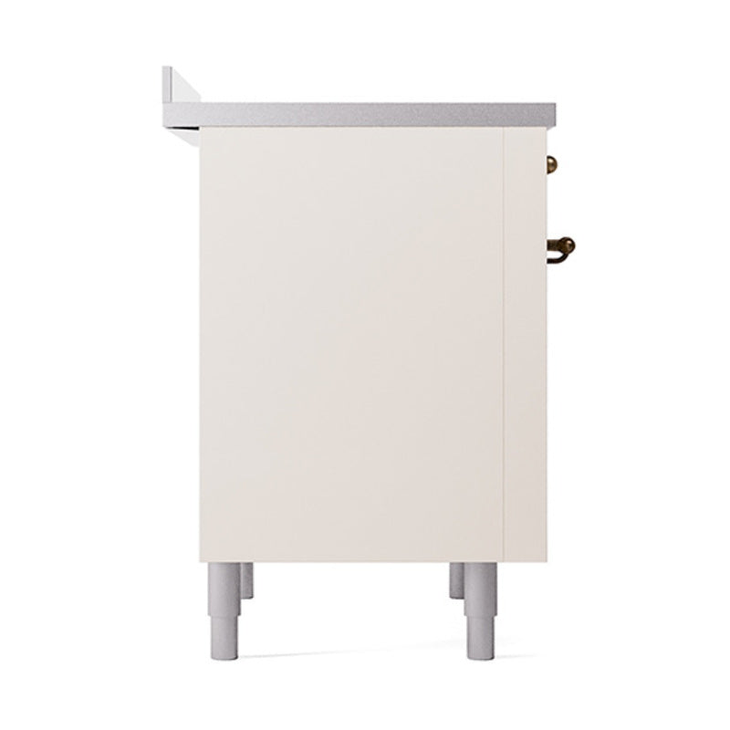 Antique white induction range side/rear panel with bronze handle knobs and feet