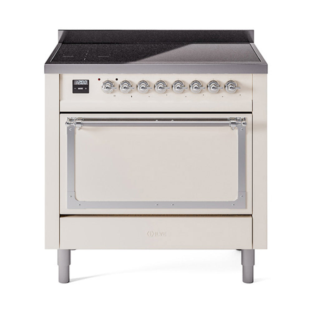 Antique white induction range with chrome-trim oven door, front knobs, and display