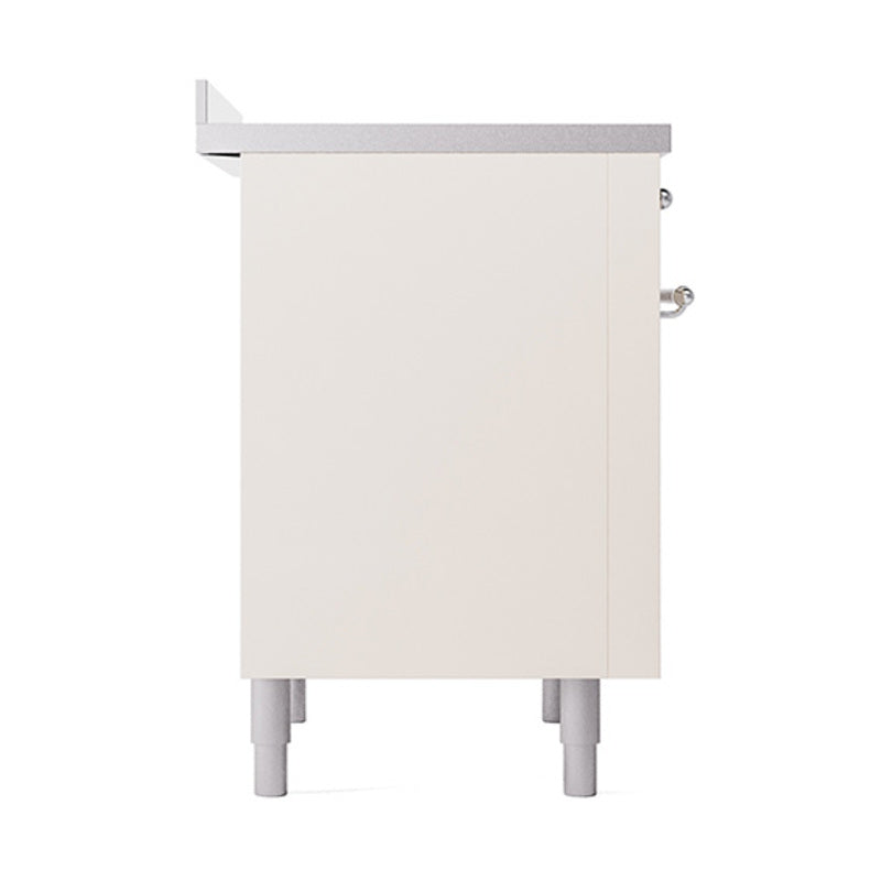 Antique white rear side panel of induction range with chrome handle and leveling legs