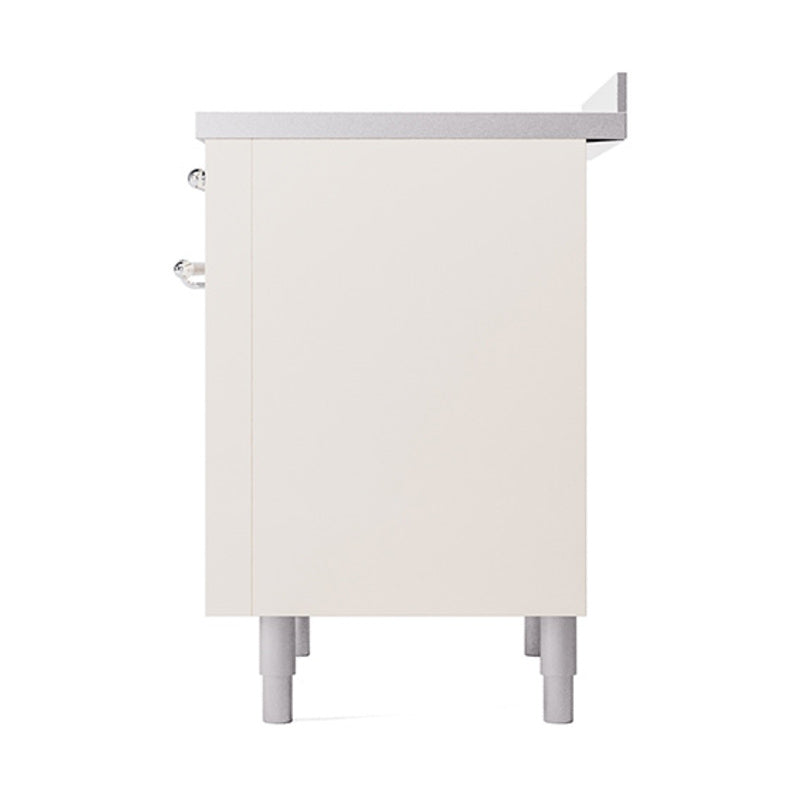 Antique white side panel of induction range with chrome handle and leveling legs