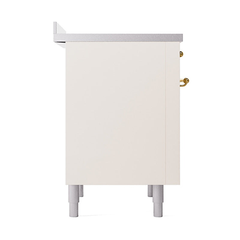 Antique white range side panel with recessed seam and brass handle details