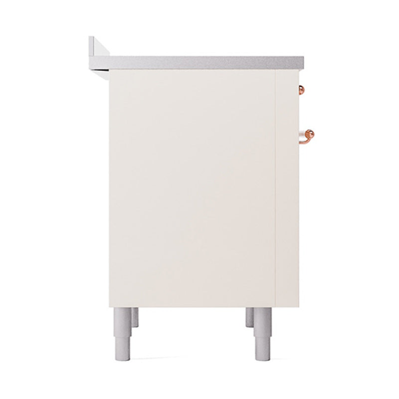 Antique white oven side panel with copper control knobs and gray legs
