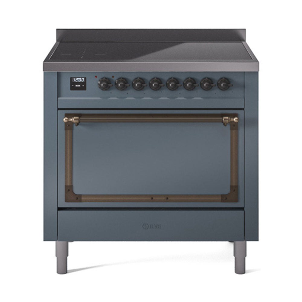 36-inch induction range with solid door, blue-grey finish and bronze trim, front view