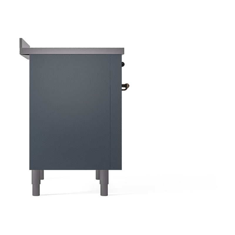 36-inch induction range side panel, blue-grey cabinet with bronze control knobs and legs