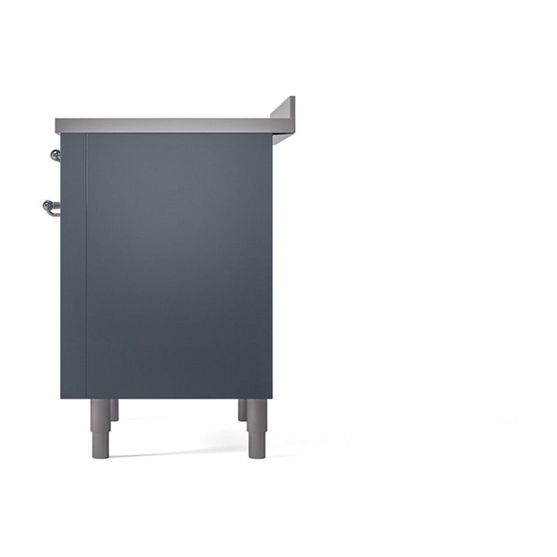 Blue grey induction range side panel with matching legs and hardware detail