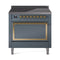 ILVE Nostalgie II Noblesse 36-Inch Induction Range with Solid Door in Blue Grey with Brass Trim (UNI366QNMPBGG)