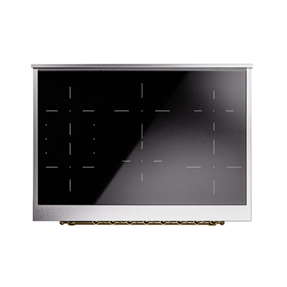 Blue grey glass cooktop panel with burner markings and control layout