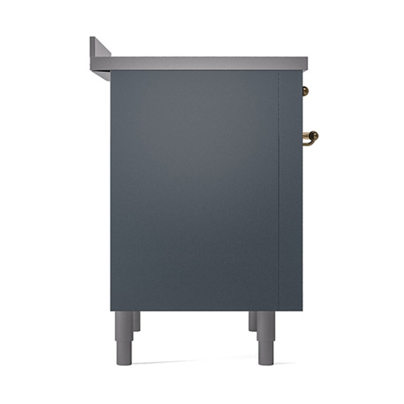 Blue grey oven side view with brass corner handles and gray leveling feet