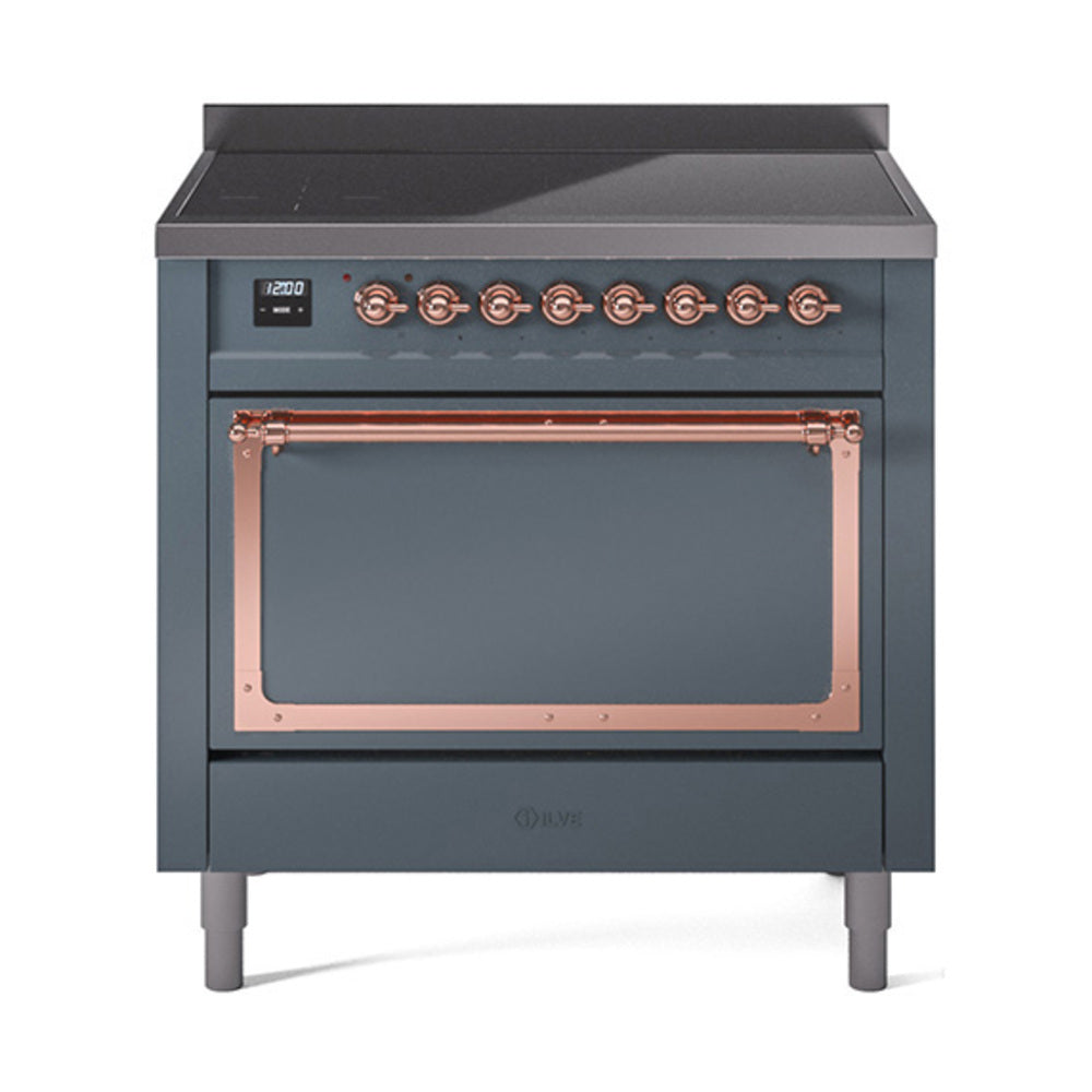 Blue-grey induction range front with copper-trimmed open oven door and control panel