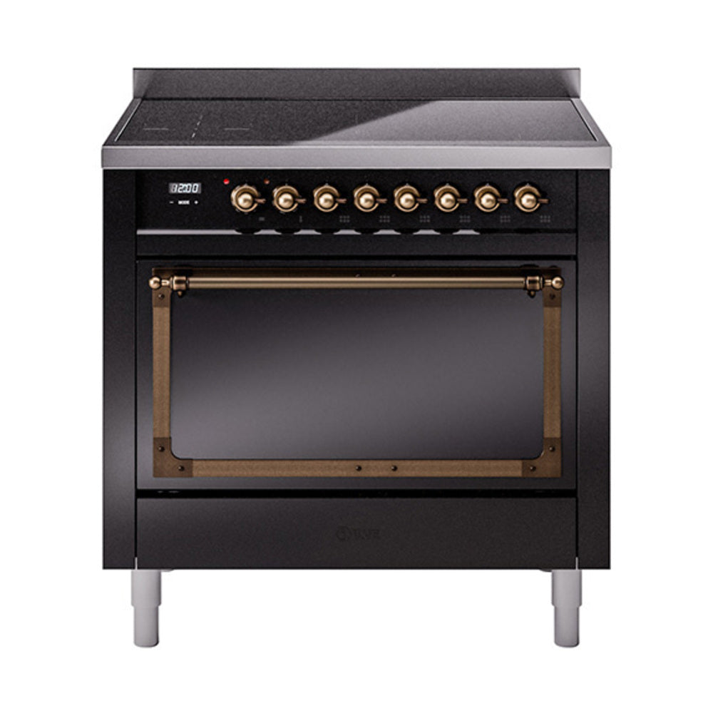 Glossy black 36-inch induction range with bronze-trim oven door and control knobs