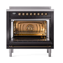 ILVE Nostalgie II Noblesse 36-Inch Induction Range with Solid Door in Glossy Black with Bronze Trim (UNI366QNMPBKB)