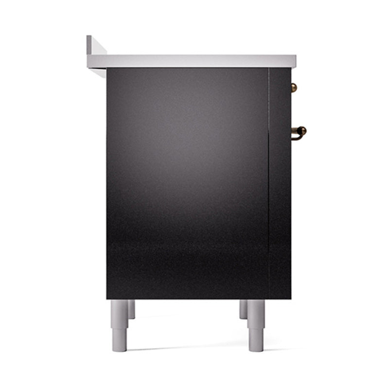 Glossy black range side panel with bronze handle accents and white leveling feet