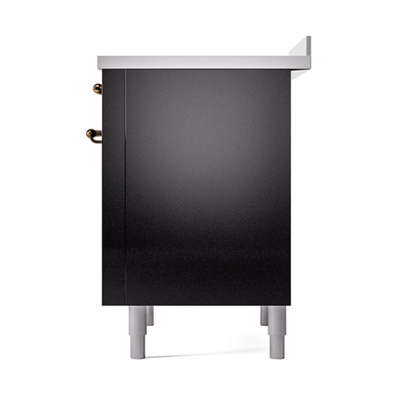 Glossy black range side view with bronze handle accents and white leveling feet