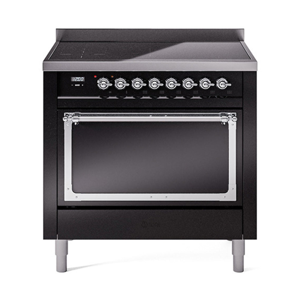 Glossy black induction range with chrome-trim control panel and open oven door