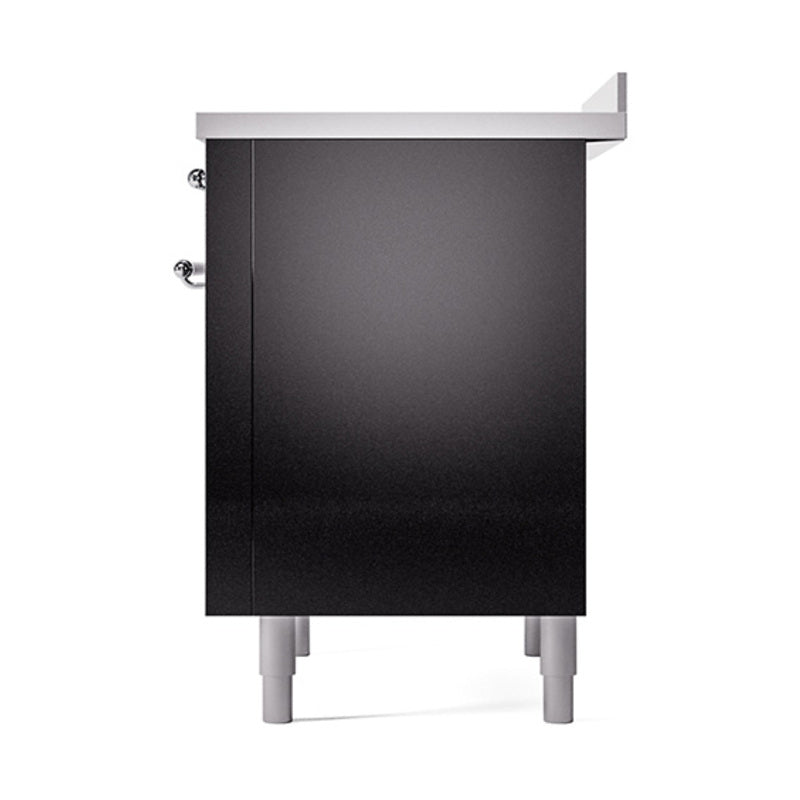 Glossy black solid oven door side view with chrome fasteners and gray leveling legs