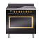 ILVE Nostalgie II Noblesse 36-Inch Induction Range with Solid Door in Glossy Black with Brass Trim (UNI366QNMPBKG)