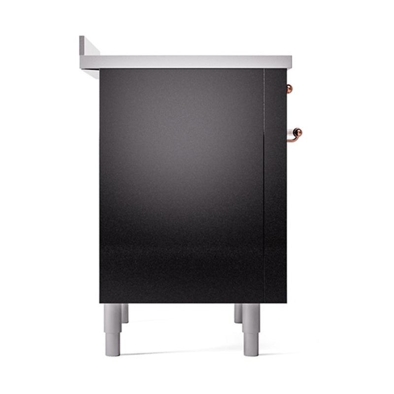 Glossy black induction range back panel with copper handle and adjustable feet