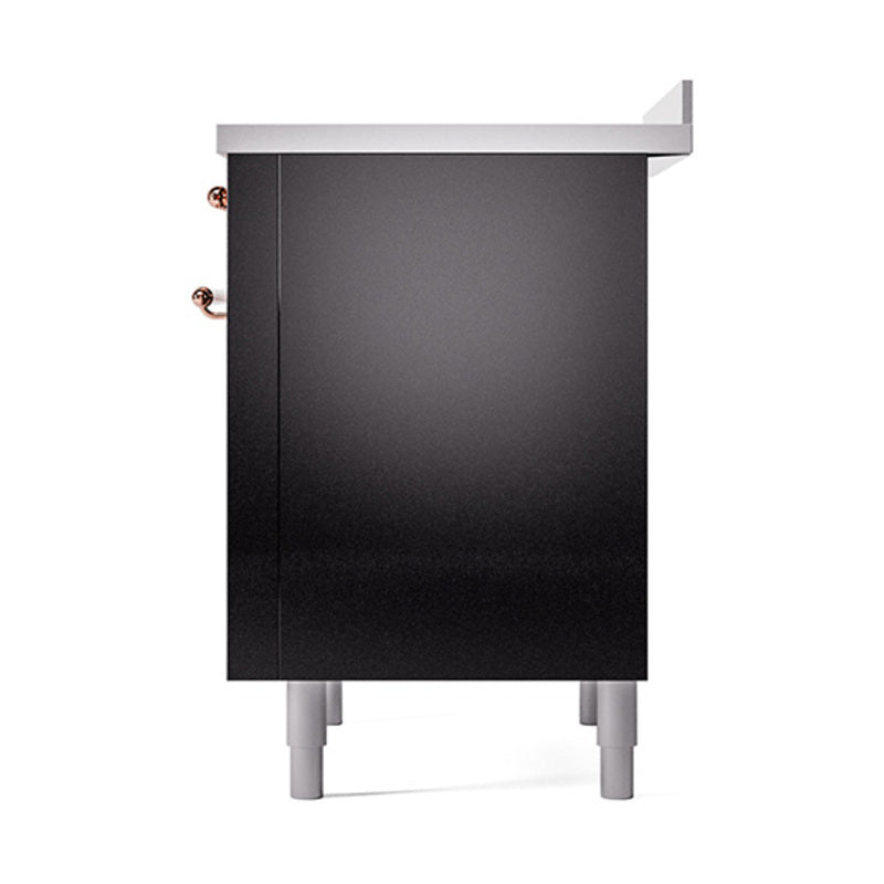 Glossy black side panel of induction range with copper handle and feet