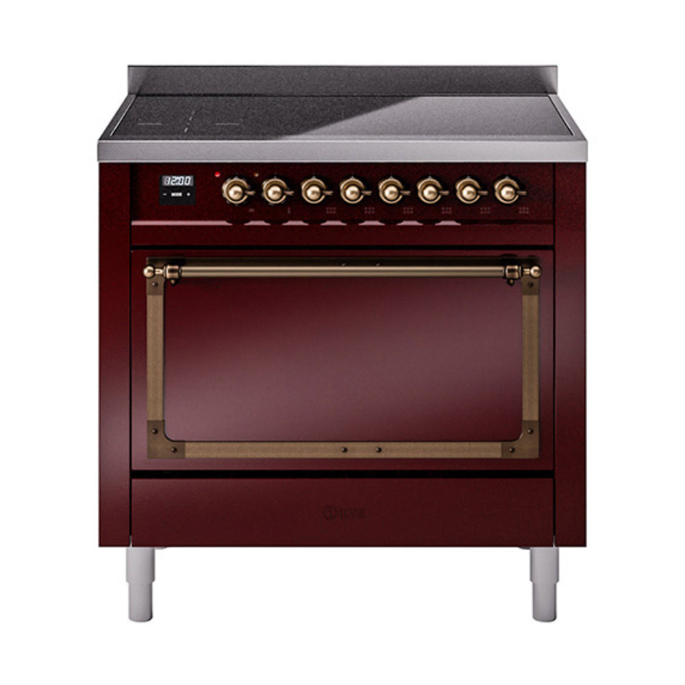Burgundy induction range with bronze control knobs and open oven door