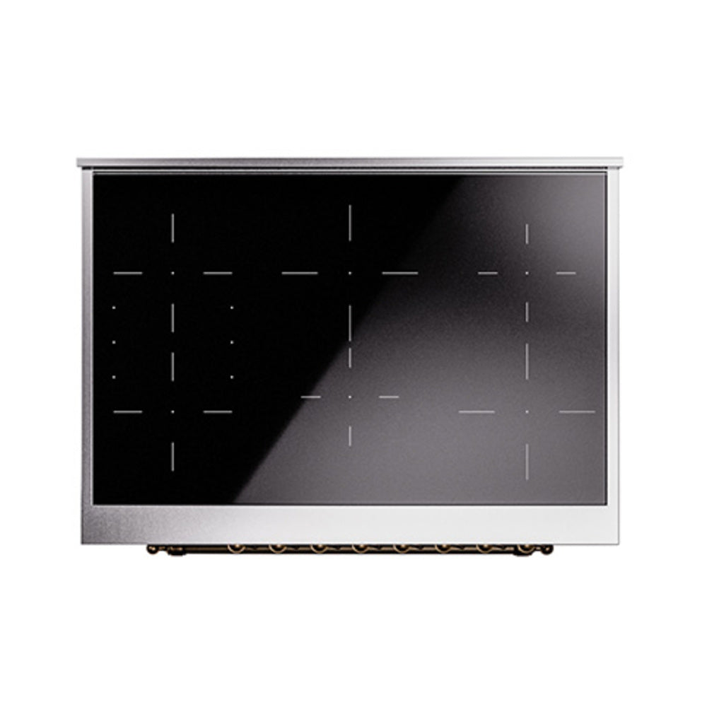 Burgundy induction range oven door with bronze-trim frame and black glass panel