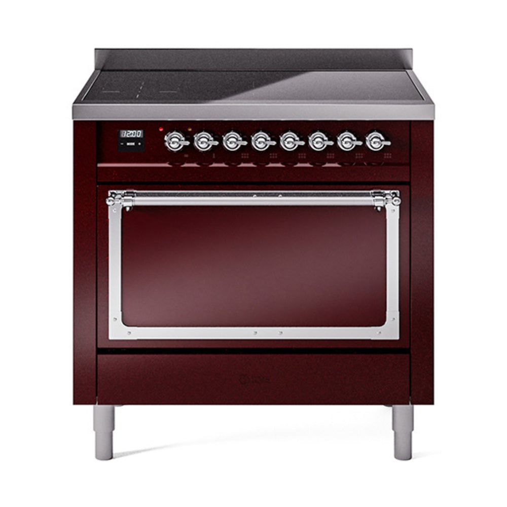 ILVE induction range front with solid oven door, burgundy cabinet and chrome trim