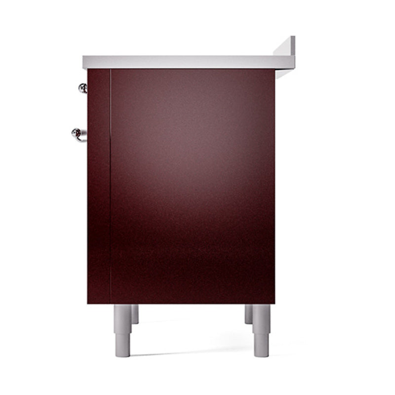 Burgundy induction range side panel with chrome knobs and light legs