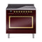 ILVE Nostalgie II Noblesse 36-Inch Induction Range with Solid Door in Burgundy with Brass Trim (UNI366QNMPBUG)