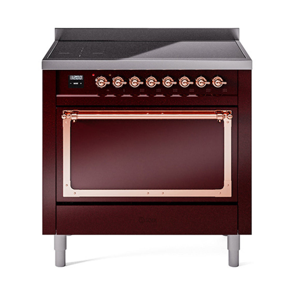 Burgundy induction range oven with closed door, copper-colored handle trim and controls