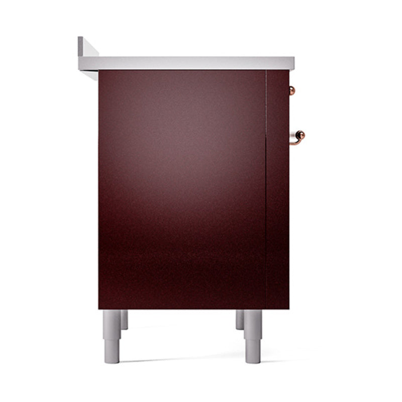 Burgundy solid door side view with copper hinges and white leveling legs