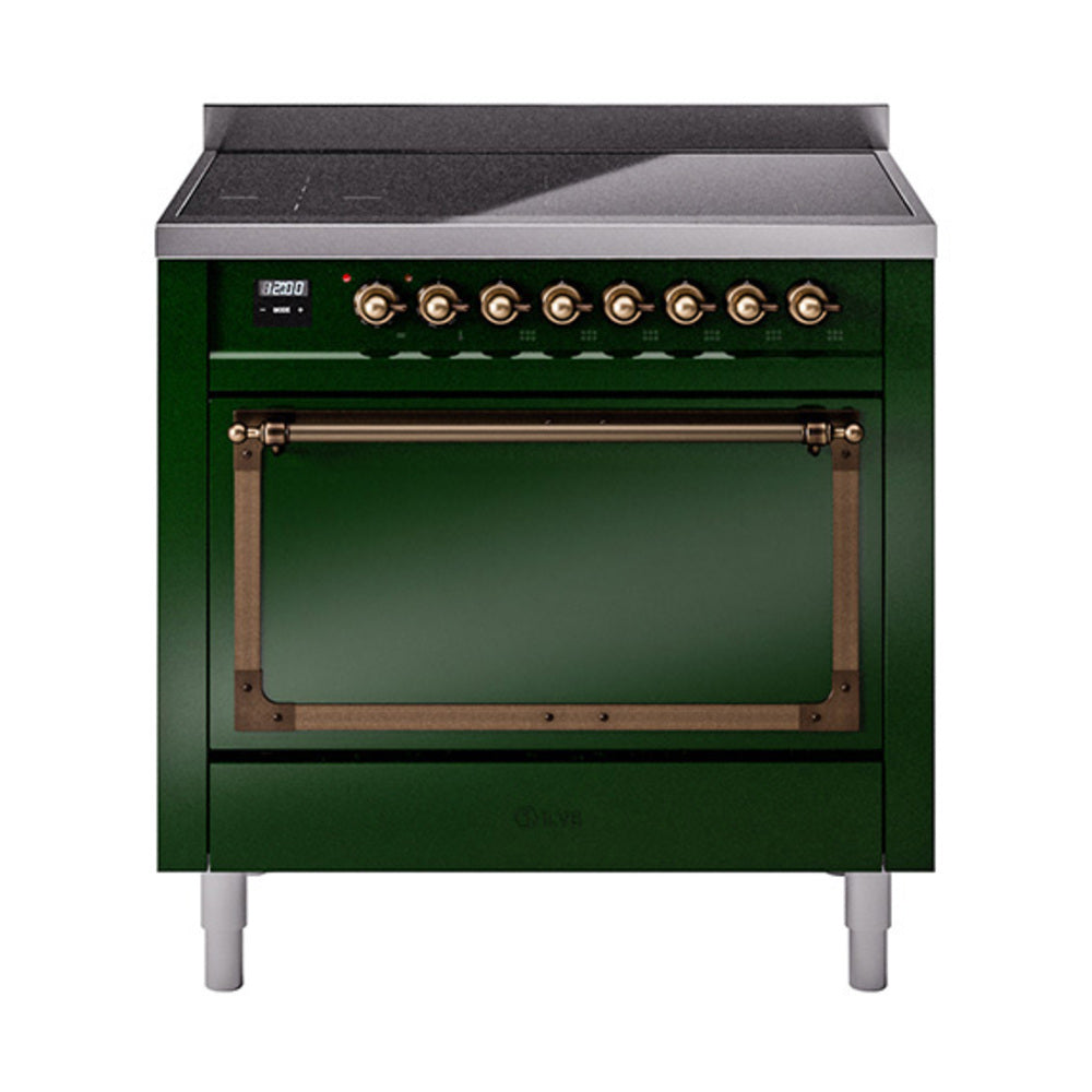 Emerald green induction range with bronze-trimmed oven door and decorative knobs