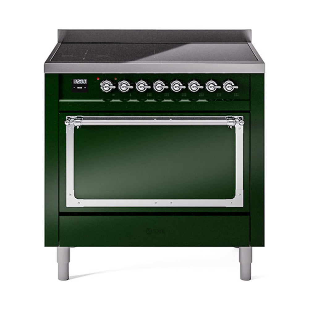 Emerald green induction range with chrome trim; front control panel and solid oven door
