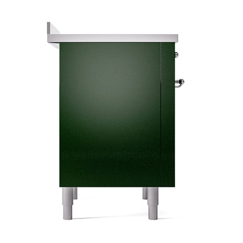 Emerald green solid oven door with chrome top trim and visible side hinges
