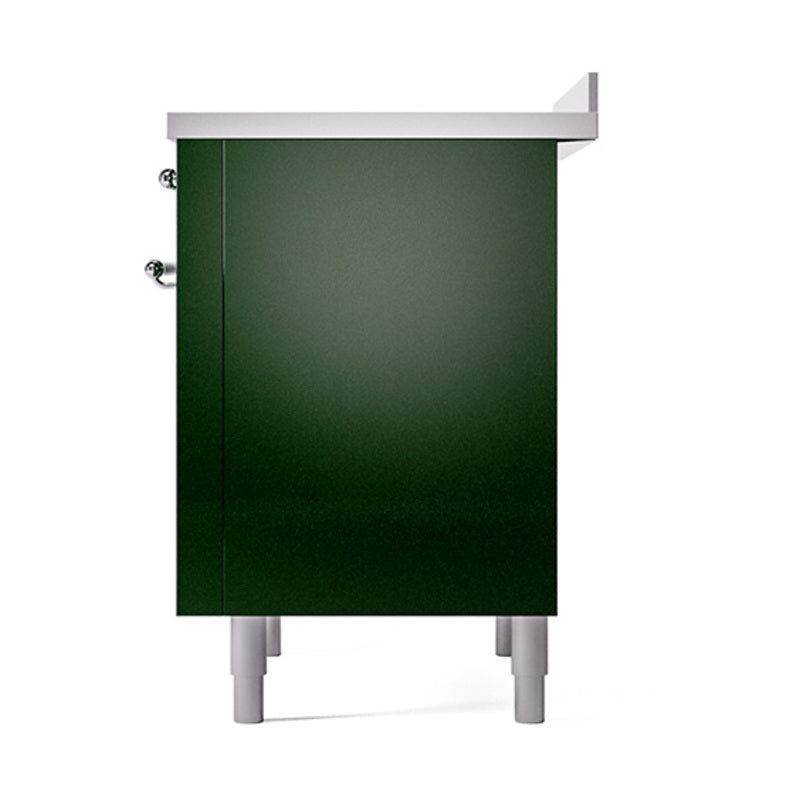 Emerald green oven door with chrome top trim, side hinges, and white leveling feet