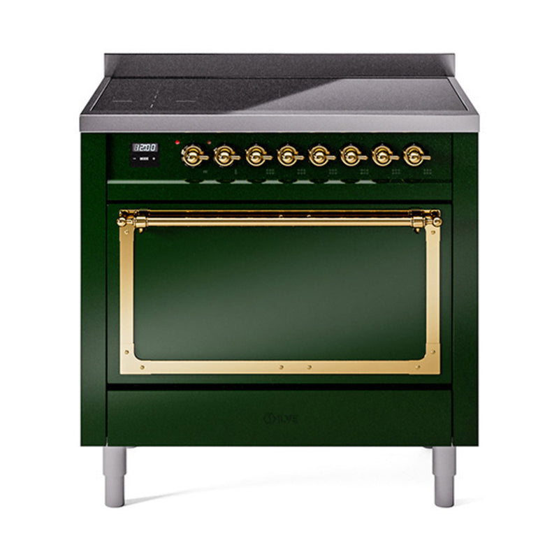 ILVE Nostalgie II Noblesse 36-Inch Induction Range with Solid Door in Emerald Green with Brass Trim (UNI366QNMPEGG)