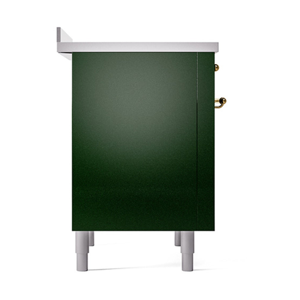 Emerald green oven door cabinet with brass handles and white legs
