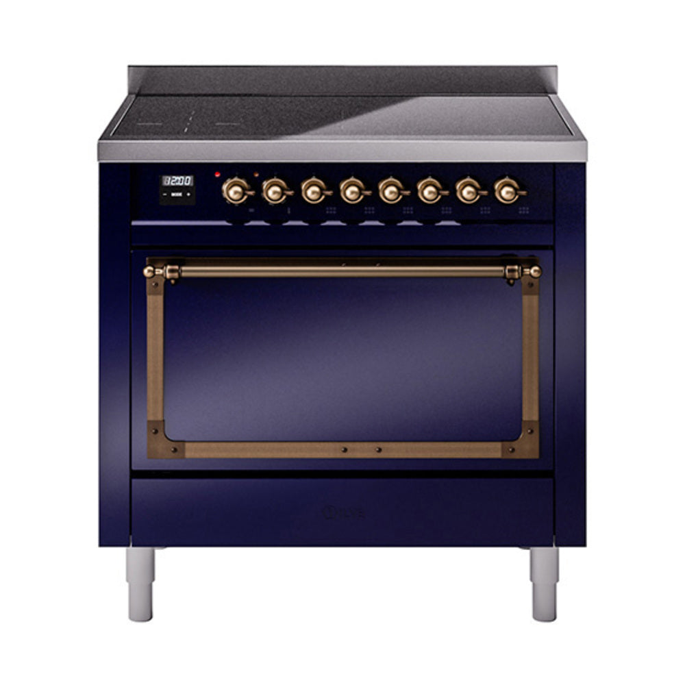 Midnight blue induction range with open oven cavity and bronze interior trim