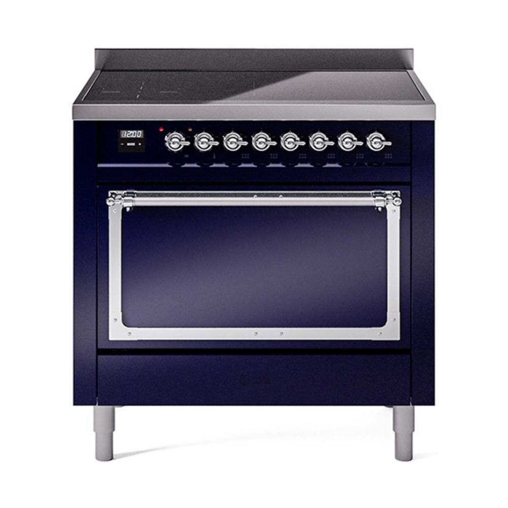 36-inch induction range with solid door, midnight blue front and chrome trim