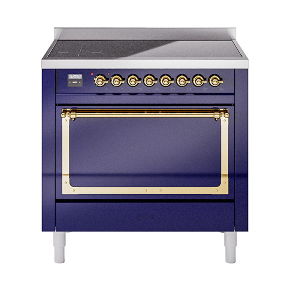 Midnight blue induction range oven with brass-trimmed solid door and open handle